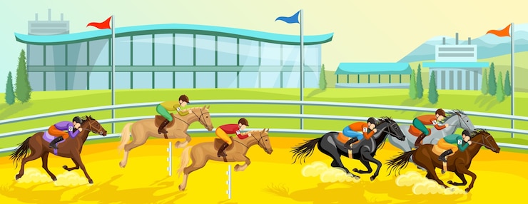 Vecteur gratuit modèle de bannière de dessin animé de sport équestre avec des chevaux de course et de saut avec des cavaliers en compétition