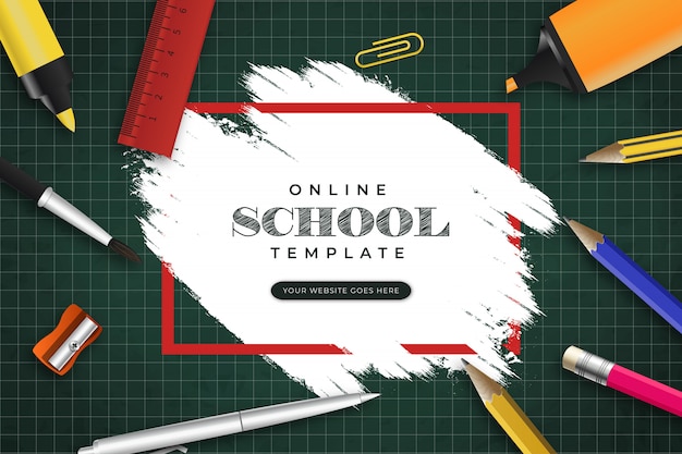 Modèle de bannière d'école en ligne avec coup de pinceau et papeterie