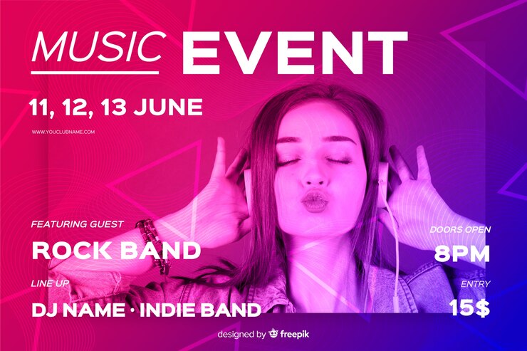 Vecteur gratuit modèle de bannière d&#39;événement de musique avec photo