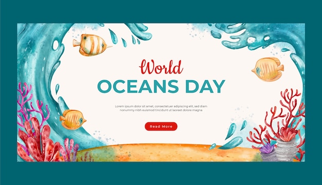Vecteur gratuit modèle de bannière horizontale aquarelle pour la célébration de la journée mondiale des océans