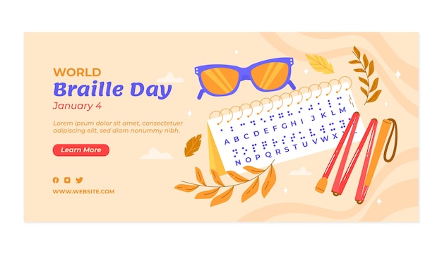 Vecteur gratuit modèle de bannière horizontale de célébration de la journée mondiale du braille plat