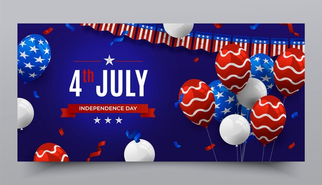 Modèle de bannière horizontale dégradé du 4 juillet avec des ballons