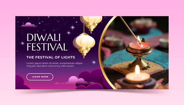 Vecteur gratuit modèle de bannière horizontale dégradé pour la célébration du festival de diwali