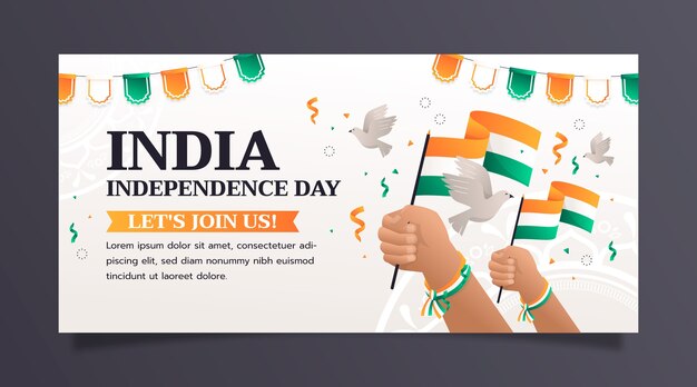 Vecteur gratuit modèle de bannière horizontale dégradée pour la célébration de la fête de l'indépendance de l'inde