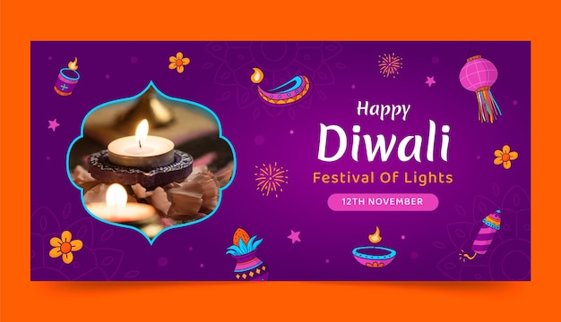 Vecteur gratuit modèle de bannière horizontale dessiné à la main pour la célébration du festival de diwali