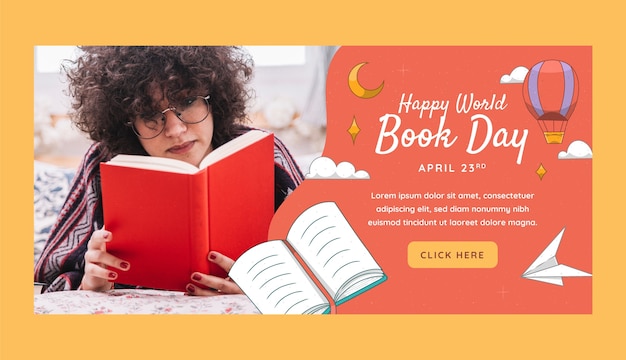 modèle de bannière horizontale dessinée à la main pour la célébration de la Journée mondiale du livre