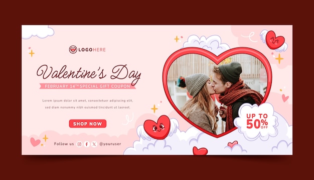 Vecteur gratuit modèle de bannière horizontale dessinée à la main pour la célébration de la saint-valentin