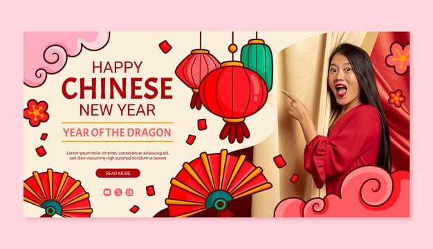 Vecteur gratuit modèle de bannière horizontale dessinée à la main pour le festival du nouvel an chinois