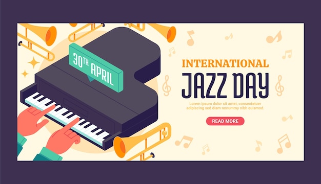 Vecteur gratuit modèle de bannière horizontale du jour du jazz mondial plat