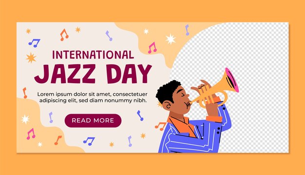 Vecteur gratuit modèle de bannière horizontale du jour du jazz mondial plat