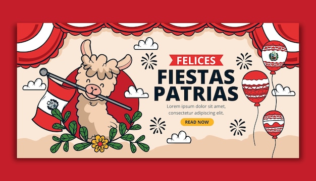 Modèle De Bannière Horizontale Fiestas Patrias Dessinés à La Main Avec Lama