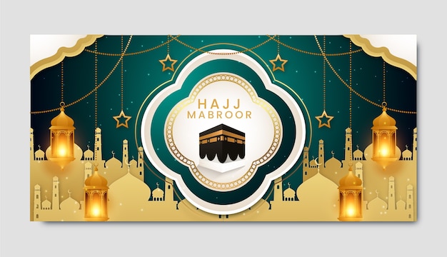 Vecteur gratuit modèle de bannière horizontale hajj réaliste avec la mecque et des lanternes