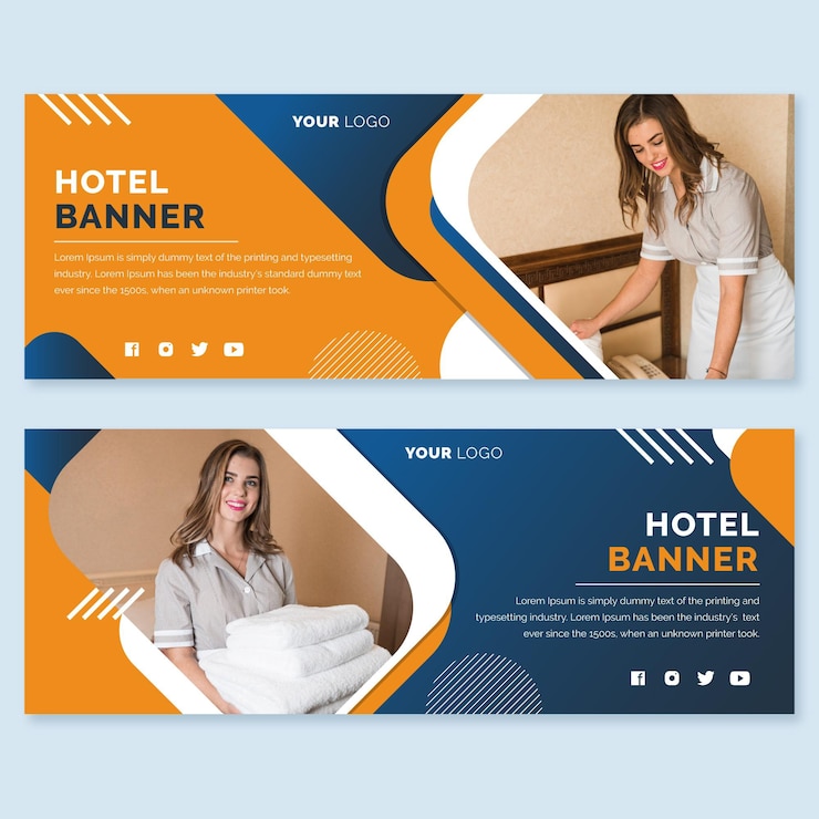 Vecteur gratuit modèle de bannière horizontale hôtel plat avec photo