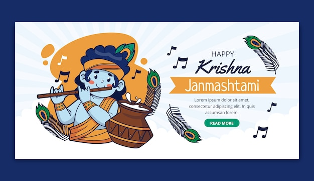 Vecteur gratuit modèle de bannière horizontale janmashtami dessiné à la main