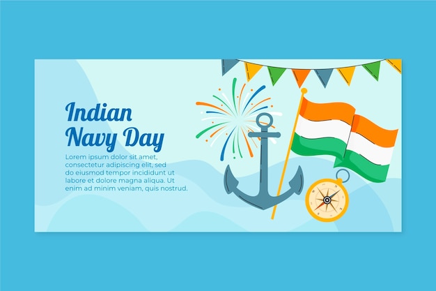 Modèle de bannière horizontale de jour de la marine indienne plat dessiné à la main