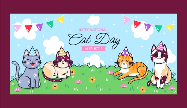 Vecteur gratuit modèle de bannière horizontale de la journée internationale du chat dessiné à la main