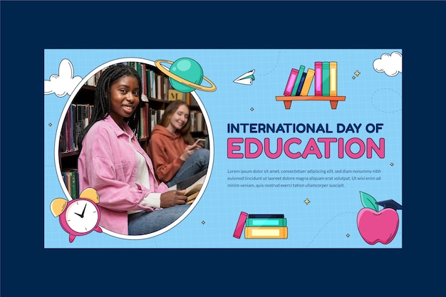 Vecteur gratuit modèle de bannière horizontale de la journée internationale de l'éducation dessiné à la main