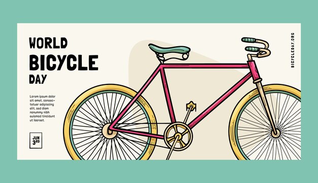 Modèle de bannière horizontale de la journée mondiale du vélo dessiné à la main