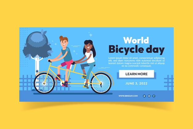 Vecteur gratuit modèle de bannière horizontale de la journée mondiale du vélo plat