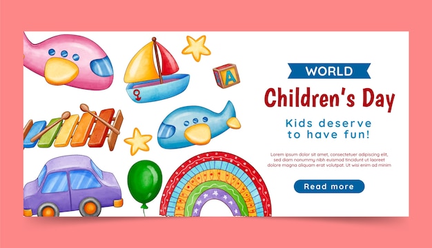 Vecteur gratuit modèle de bannière horizontale de la journée mondiale des enfants aquarelle
