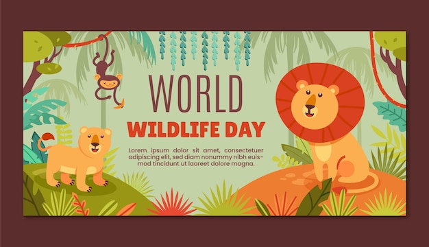 Vecteur gratuit modèle de bannière horizontale de la journée mondiale de la faune avec la faune et la flore
