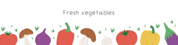 Modèle de bannière horizontale avec des légumes frais et des feuilles. illustration vectorielle plane