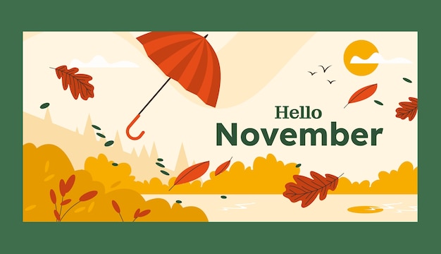 Vecteur gratuit modèle de bannière horizontale plat bonjour novembre pour l'automne
