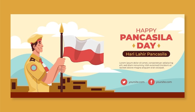 Vecteur gratuit modèle de bannière horizontale plat pancasila day avec soldat et drapeau