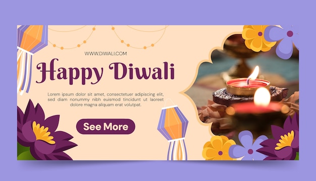 Vecteur gratuit modèle de bannière horizontale plate pour la célébration du festival de diwali