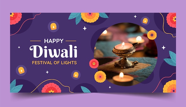 Vecteur gratuit modèle de bannière horizontale plate pour la célébration du festival hindou diwali