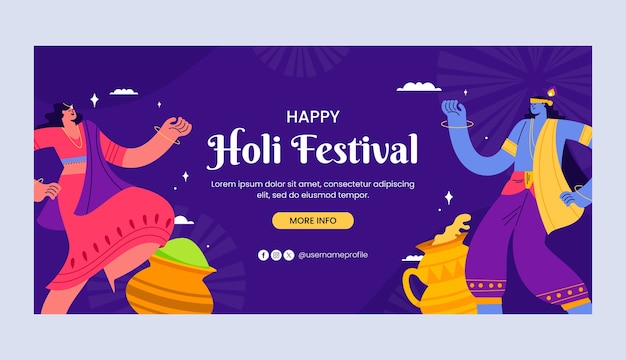 Vecteur gratuit modèle de bannière horizontale plate pour la célébration du festival de holi