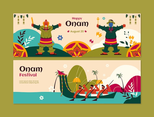 Vecteur gratuit modèle de bannière horizontale plate pour la célébration du festival onam