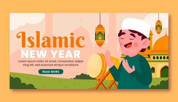 Vecteur gratuit modèle de bannière horizontale plate pour la célébration du nouvel an islamique