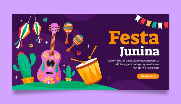 Vecteur gratuit modèle de bannière horizontale plate pour la célébration des festas juninas brésiliennes