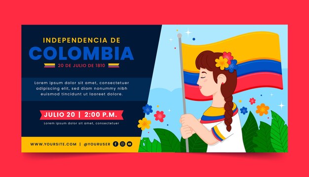 Vecteur gratuit modèle de bannière horizontale plate pour la célébration de la fête de l'indépendance colombienne