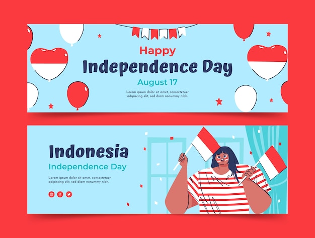 Vecteur gratuit modèle de bannière horizontale plate pour la célébration de la fête de l'indépendance de l'indonésie