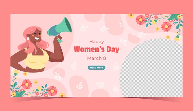 Vecteur gratuit modèle de bannière horizontale plate pour la célébration de la journée internationale de la femme.