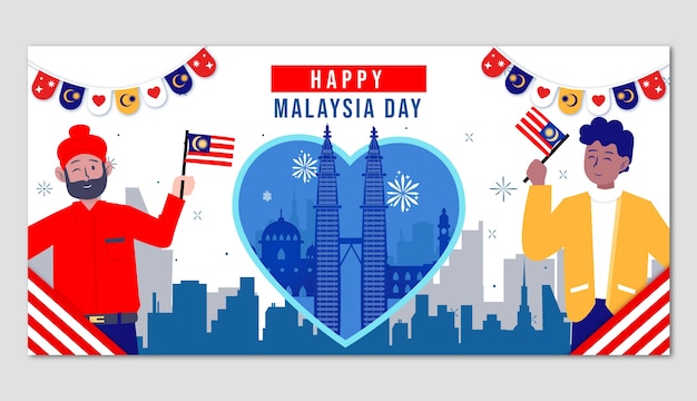 Vecteur gratuit modèle de bannière horizontale plate pour la célébration de la journée de la malaisie