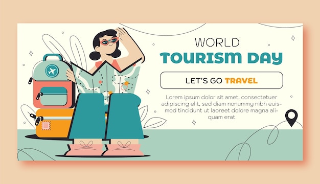 Vecteur gratuit modèle de bannière horizontale plate pour la célébration de la journée mondiale du tourisme