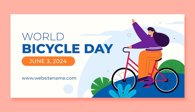 Vecteur gratuit modèle de bannière horizontale plate pour la célébration de la journée mondiale du vélo