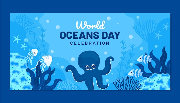 Modèle De Bannière Horizontale Plate Pour La Célébration De La Journée Mondiale Des Océans