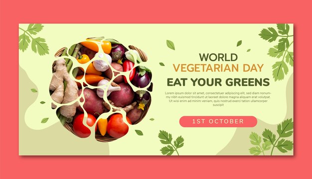 Vecteur gratuit modèle de bannière horizontale plate pour la célébration de la journée mondiale végétalienne