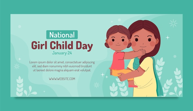 Vecteur gratuit modèle de bannière horizontale plate pour la célébration de la journée nationale des filles