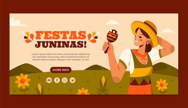 Vecteur gratuit modèle de bannière horizontale plate pour les célébrations des festas juninas brésiliennes