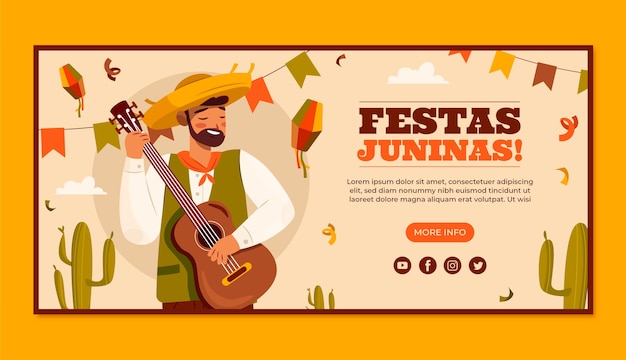 Vecteur gratuit modèle de bannière horizontale plate pour les célébrations des festas juninas brésiliennes