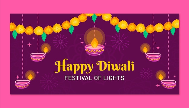 Vecteur gratuit modèle de bannière horizontale plate pour le festival de diwali