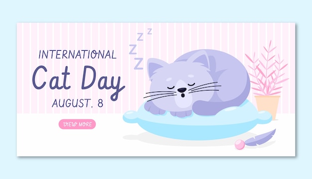 Vecteur gratuit modèle de bannière horizontale plate pour la journée internationale du chat avec un chat qui dort