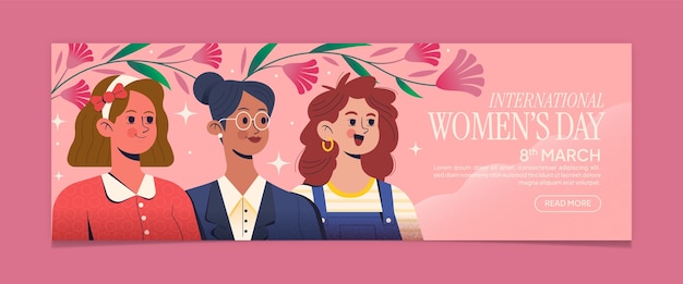 Vecteur gratuit modèle de bannière horizontale plate pour la journée internationale de la femme