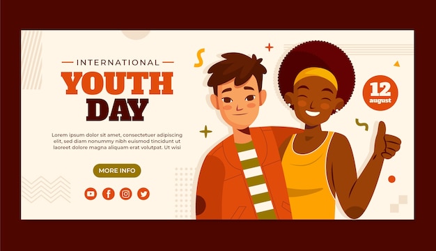 Vecteur gratuit modèle de bannière horizontale plate pour la journée internationale de la jeunesse
