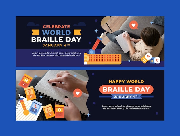 Vecteur gratuit modèle de bannière horizontale plate pour la journée mondiale du braille